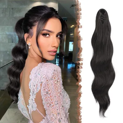 Immagine prodotto di Estensioni per capelli a forma di coda di cavallo, clip, 50 cm, ondulate, in fibra sintetica, colore nero naturale