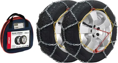 A set of snow chains for tires, displayed with their storage bag.