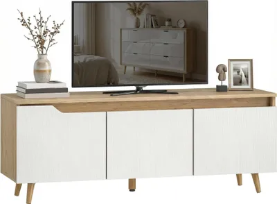 Image de Meuble TV bas - Meuble TV - Avec 3 portes - Dimensions 120x35x45,5 cm - Pour téléviseurs jusqu'à 140 cm - Bois - Style moderne - Blanc