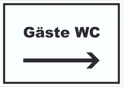 Produktbild von Gäste WC Schild mit Text und Richtungspfeil rechts Toilette waagerecht A6 Rückseite selbstklebend