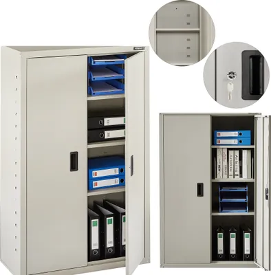 A collage of images showing a gray metal filing cabinet with its doors open, revealing organized files and folders. Insets show close-ups of the cabinet's interior and lock.
