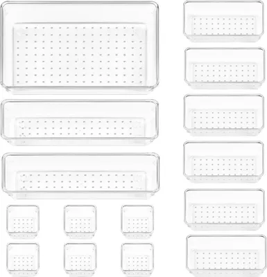 Produktbild von Vtopmart Schubladen Organizer Set, 15-teilig: 4 Größen, Transparent, Stapelbar, Rutschfest, für Schminktisch, Küche, Büro