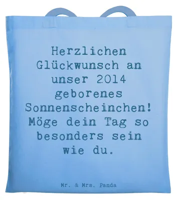 Produktbild von Mr. & Mrs. Panda Tote Bag Spruch 2014 Geburtstag Sonnenschein - Sky Blue - Geschenk, Jahrgangsgeburtstag, Sonnenscheinchen, Geburtstagsgeschenk, Jutebeutel, Tragetasche