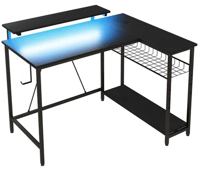 Produktbild von Schreibtisch L Form mit LED, Steckdosen, USB, Umkehrbar Computertisch mit Regal, 107 x 80 x 90 cm, Schwarz