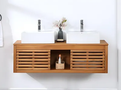Produktbild von Akazienholz-Wandbadezimmerschrank mit Doppelwaschbecken - 130 cm - PENEBEL