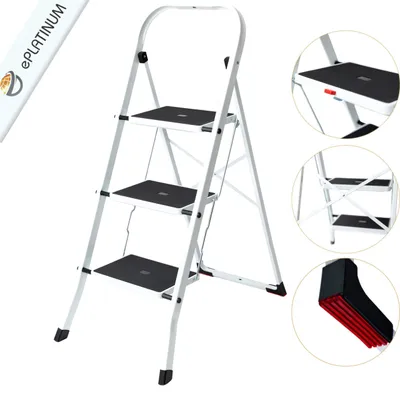 Image de échelle pliante à 3 marches en acier avec marches et tapis blanc platine