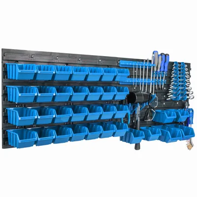 Obrázok produktu pre Závesný panel na náradie 115x39cm s 34 ks. Krabic Nástěnný Modré Boxy se sadou držiakov plastová