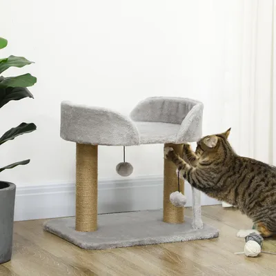 Image de Arbre à chat Kratzbaum, 42 cm, petit modèle avec poteaux en sisal, plateforme, couleur gris clair | 48 x 38 x 42 cm | 3,35 kg | compact