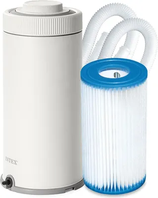 A white Intex filter pump and a replacement filter cartridge are shown against a white background.
