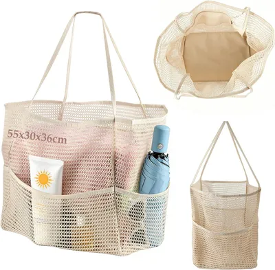 Imagen del producto de Bolsa de malla XXL para la playa, de 55x30x36 cm, con cierre de cremallera y compartimento interior, ideal para la playa y para picnics
