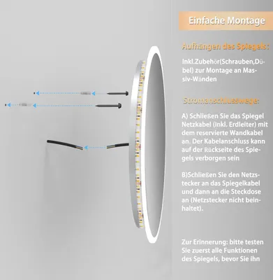 Produktbild von Runder LED Badspiegel 80cm mit Kosmetikspiegel 3-Fach Kalt/Neutral/Warmweiß Spiegel dimmbar Touch/Wandschalter Memory Beschlagfrei