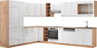 Produktbild von Vicco Eckküche Fame-Line, 257 x 347 cm ohne Arbeitsplatte, Weiß Hochglanz/Goldkraft Eiche