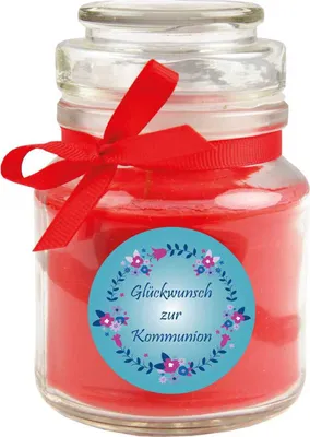 Produktbild von Duftkerze im Bonbonglas zur Kommunion, Duft: Rose ( Rot ), 120g - Brenndauer bis zu 30 Stunden