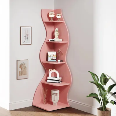 Produktbild von Eckregal aus Holz - 5-stöckiges Bücherregal - Modernes Wandeckregal - Bücherregal und Pflanzenständer - 50x48x177 cm - Rosa