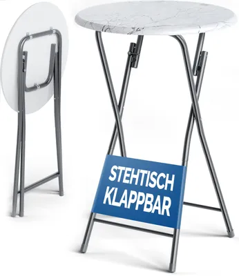 Immagine prodotto di Casaria Tavolino alto da bar bistrot pieghevole Ø60 cm metallo MDF tavolo da bar bianco aspetto marmo