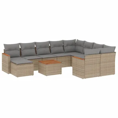 Produktbild von 11-tlg. Garten-Sofagarnitur, modular, Poly Rattan Beige, pulverbeschichteter Stahl, Akazienholz-Tisch, 11 Sitzkissen Hellgrau