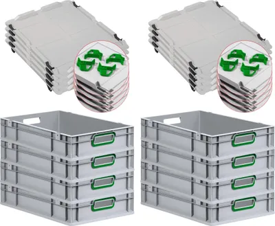 Produktbild von SuperSparSet 8x Eurobox NextGen Color mit Auflagedeckel und Schiebeschnappverschlüsse | HxBxT 12x40x60cm | 23 Liter | Grau | Griffe grün offen | Glatter Boden | Eurobehälter, Transportbox, Transportbehälter, Stapelbehälter