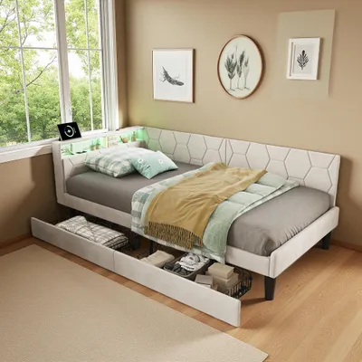 Obrázok produktu pre Čalúnená posteľ ProximaX 90 x 200 cm, sivá, posteľ s úložným priestorom, 2 zásuvkami a LED osvetlením, USB/Type-C nabíjacie porty, zamatová látka, 2 v 1 – denná posteľ/pohovka