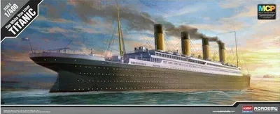 A painting of the Titanic ship sailing on the ocean with smoke coming from its funnels.