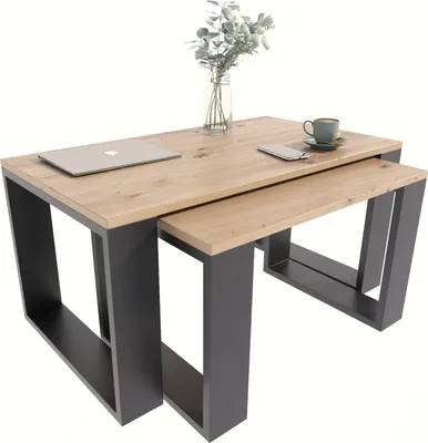 A set of two nesting coffee tables with a wood-look top and dark gray metal frames, presented on a white background.