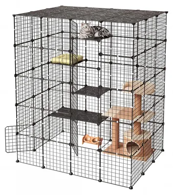 Image de VEVOR, cage pour chat, enclos pour chat, parcours pour chat à 5 niveaux, 139,7 x 104,1 x 175,2 cm, structure de parcours pour chat à assembler, cage métallique amovible avec 5 portes, idéale pour 2-3 chats et petits animaux, couleur noire