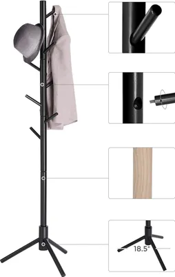 Produktbild von VASAGLE Garderobenständer, freistehender Kleiderständer, Garderobe aus Massivholz, in Baumform, mit 8 Haken, für Kleidung, Hüte, Taschen, Flur, Eingangsbereich, schwarz RCR004B01