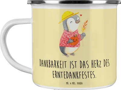 Produktbild von Mr. & Mrs. Panda Emaille Tasse Erntedankfest Dankbarkeit - Gelb Pastell - Geschenk, Thanksgiving, Geschenke, Feiertag, Teetasse, Campingtasse, emotionale, Fülle, Pott