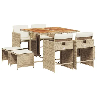 Produktbild von 9-tlg. Garten-Essgruppe mit Kissen Beige Poly Rattan