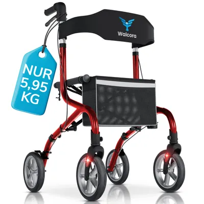 Produktbild von Rollator Faltbar und Leicht mit Sitz - NUR 5,95 KG - Gehhilfe für Senioren - Rollator Schmal für die Wohnung - Indoor & Outdoor - Klappbar Stockhalter
