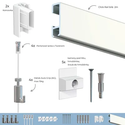 Obrázek produktu pro Závěsný systém na obrazy - SET Click Rail bílá přetíratelná 2m (4x perlon)