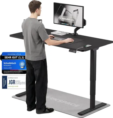 Produktbild von DESKSPACE PRO Plus Elektrisch Höhenverstellbarer Schreibtisch, 180x80 cm Stehpult mit Memory-Funktion, Schwarze Tischplatte, Schwarzes Gestell