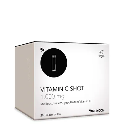 Imagen del producto de Medicom Vitamin C Shot 1.000 mg, vitamina C liposoma, alta dosis, para sistema inmunitario y energía. Vegano – 20 ampollas bebibles