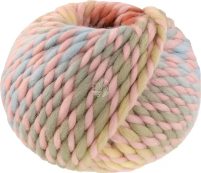 A ball of chunky yarn with a pastel color gradient.