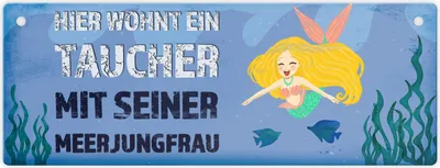 Produktbild von Hier wohnt ein Taucher - mit seiner Meerjungfrau Metallschild XL