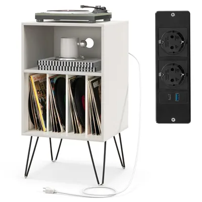 Produktbild von COSTWAY Plattenspieler-Ständer mit Ladestation, 3-stufiger Schallplattenständer, Vinylplatten Aufbewahrungstisch mit 4 Trennwänden,48x40x88cm, Weiß
