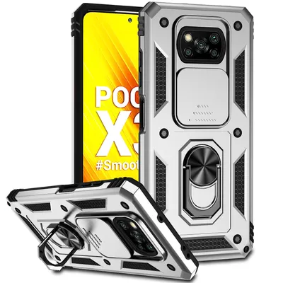 Immagine prodotto di Custodia per Xiaomi Poco X3 NFC / X3 Pro a doppio strato con copertura scorrevole della fotocamera e supporto ad anello Argento