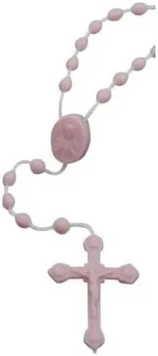 Imagen del producto de Rosario de nylon rosa, de 42 cm, con cruz y medalla de la Virgen María, ideal para niños y para la Primera Comunión