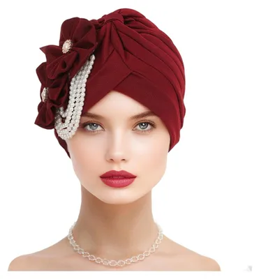 Produktbild von Damen-Kopftuch, Hut mit Imitationsperlen und Blumendekor, Turbanhut, einfarbig, dehnbar, Stirnband, Schlafmütze