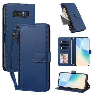 Image de Étui portefeuille pour Samsung Galaxy Note 8, en cuir PU, avec compartiments pour cartes, support et dragonne. Couleur : bleu foncé