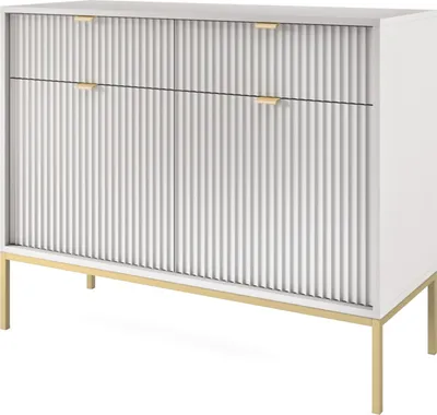 Produktbild von Kommode Zweitürige 100 cm Galla - Sideboard mit Schubladen - Beinen, geriffelten Fronten & goldene Griffe (Grau + Gold)