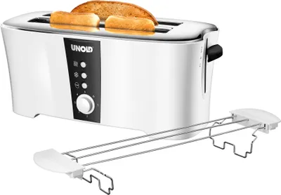 Weißer Design Dual mit Platz für 2 Scheiben, abnehmbarem Warmhalterost, Tasten & Drehregler vorn