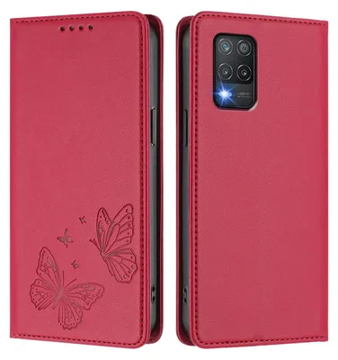 Image de Étui en cuir pour Realme 8 5G, motif papillon, étui à rabat avec porte-appareil, rouge