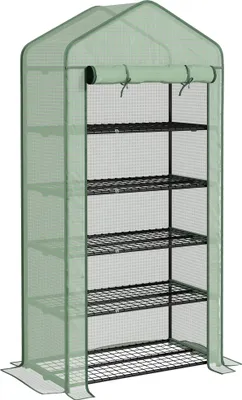 Image de Outsunny Serre de jardin PE avec étagères 5 niveaux, serre de balcon, bâche renforcée 135 g/m², châssis en acier, porte zippée enroulable, pour légumes plantes fleurs, 90x49x193cm, vert