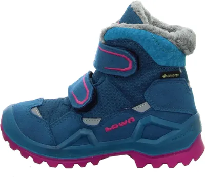 A side view of a blue children's boot with pink accents and gray fur trim.