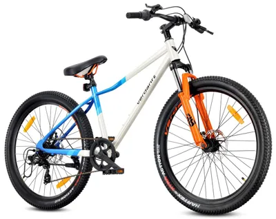 Produktbild von 26-Zoll-Mountainbike, Shimano 7-Gang-Schaltung, Scheibenbremse, Stoßdämpfer, Verdant Calix-Ständer, weiß, blau, orange