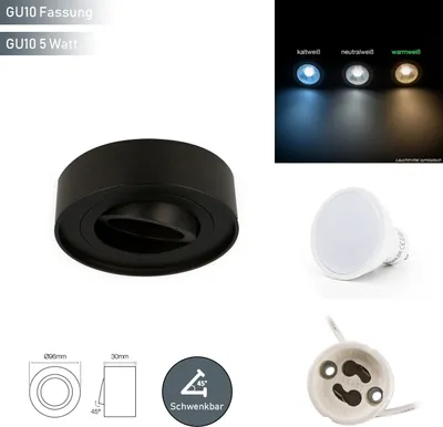 Image de LED line Plafonnier ROLLO MIDI Spot encastré Orientable 45° Rond noir en aluminium avec douille GU10 Ampoule 5W Blanc chaud