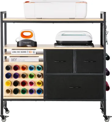 Image de SucceBuy Chariot avec support pour rouleaux de vinyle, 3 tiroirs et espace pour 20 rouleaux