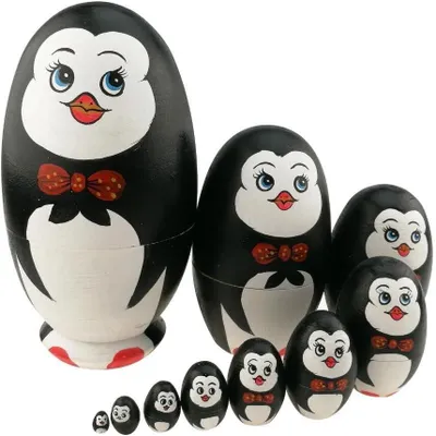 Productafbeelding van Set schattig dier thema pinguïn ei vorm houten - Set van 10 - Handgemaakte nestpoppen matroshka poppen voor kinderen