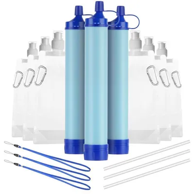 Produktbild von Wasserfilter Outdoor 3 Stück 0,01 μm Ultrafeinfilter 99,99% Bakterienentfernung mit Wasserbeutel und Karabiner für Notfall Survival Camping Wandern