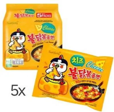 Two packages of Samyang Buldak Cheese Flavour instant ramen are shown against a white background. One package is in the foreground, and another is in the background. Text and graphics are visible on the packaging.